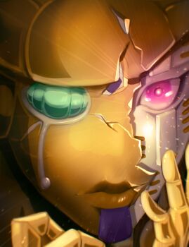  1other absurdres close-up compound_eyes cracked_kawaii_mask gold_experience gold_experience_requiem gold_skin green_eyes hand_on_own_face hashtag-only_commentary highres jojo_no_kimyou_na_bouken killerqueeem lips looking_at_viewer no_humans other_focus pink_eyes tears transformation vento_aureo 