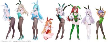  6+girls absurdres ace_(playing_card) ace_of_hearts adjusting_hair agnes_claudel alternate_costume altina_orion animal_ears aqua_eyes aqua_leotard aqua_shoes arm_behind_back arm_up black_bow black_bowtie black_gloves black_shoes blonde_hair blue_bow blue_bowtie blue_eyes blue_hair blue_leotard blush bow bowtie braid breasts card copyright_notice cropped_jacket detached_collar eiyuu_densetsu elbow_gloves fake_animal_ears feri_al-fayed fie_claussell fishnet_pantyhose fishnets gloves gradient_hair green_eyes green_thighhighs grey_shoes hair_tubes hands_on_own_hips headset heart high_heels highleg highleg_panties highres holding holding_card jacket kai_no_kiseki kuro_no_kiseki_(series) large_breasts leaning_forward leotard long_sleeves looking_at_viewer multicolored_hair multiple_girls one_eye_closed open_clothes open_jacket orange_hair panties pantyhose playboy_bunny playing_card print_leotard purple_eyes purple_hair rabbit_ears rabbit_pose rabbit_tail red_bow red_bowtie red_leotard red_shoes risette_twinings shirley_orlando shizuna_rem_misurugi shoes shusuchii simple_background single_glove small_breasts squatting standing strapless strapless_leotard tail thigh_strap thighhighs underwear visor_cap white_background white_gloves white_hair white_leotard white_shoes wrist_cuffs yellow_eyes 