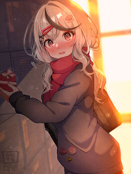  >_< 1girl @_@ alternate_costume bag black_bag black_hair blush bow box enpera fang getabako gift grey_hair grey_jacket hair_ornament hairclip heart heart-shaped_box highres holding holding_gift hololive indoors jacket long_hair looking_at_viewer multicolored_hair octopus_hair_ornament open_mouth pink_nails red_eyes red_scarf sakamata_chloe satsuki_(pixiv_742410) scarf school_bag school_uniform solo streaked_hair sweat trembling upper_body valentine virtual_youtuber white_bow x_hair_ornament 