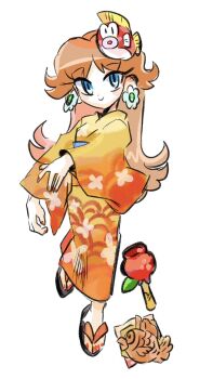  1girl cheep_cheep earrings floral_print flower_earrings highres japanese_clothes jewelry kimono mario_(series) mario_kart mario_kart_tour nail_polish nintendo orange_kimono orange_nails princess_daisy princess_daisy_(yukata) rakugaki_shitagari-ya simple_background smile white_background yukata 