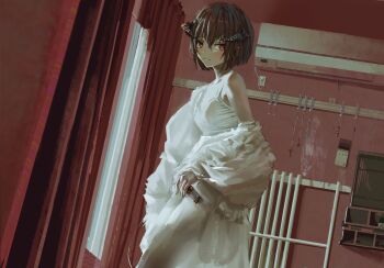  1girl air_conditioner bare_shoulders blush bob_cut bottle breasts brown_hair coat cowboy_shot curtains dutch_angle fur_coat hair_between_eyes highres holding holding_bottle horns indoors looking_at_viewer off_shoulder original red_background red_eyes short_hair small_breasts smile solo standing tifg39 windows 