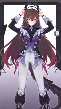  1girl absurdres ahoge alternate_costume amber_(genshin_impact) arms_up black_boots boots breasts brown_hair commentary_request cosplay crossdressing crossdressing_(ftm) crossed_bangs durin_(genshin_impact) durin_(genshin_impact)_(cosplay) fake_horns fylinchi5945 genshin_impact gradient_hair hair_between_eyes hair_down highres hood horns jacket long_hair long_sleeves looking_at_viewer multicolored_hair pants parted_lips shirt solo standing tail very_long_hair white_pants yellow_eyes 