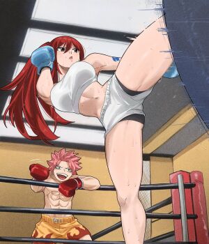  1boy 1girl abs alternate_costume blue_gloves boxing_gloves boxing_ring breasts brown_eyes commentary erza_scarlet fairy_tail flame_print gaston18 gloves highres kicking large_breasts long_hair natsu_dragneel navel open_mouth orange_shorts pink_hair ponytail print_shorts red_gloves red_hair red_shorts short_hair shorts sports_bra symbol-only_commentary teeth upper_teeth_only white_shorts white_sports_bra 