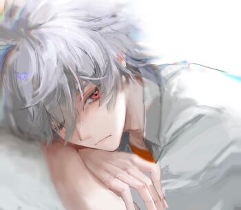  1boy closed_mouth collared_shirt commentary_request crossed_arms grey_hair highres male_focus nagisa_kaworu neon_genesis_evangelion orange_shirt red_eyes shirt short_hair simple_background solo soraaaa53 white_background white_shirt 