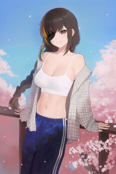  1girl absurdres black_eyes blue_pants blue_sky braid braided_ponytail breasts cherry_blossoms cleavage closed_mouth collarbone day eyepatch girls'_frontline highres kir_(khw66136132) large_breasts long_hair long_sleeves looking_at_viewer m16a1_(girls'_frontline) midriff navel off_shoulder one_eye_covered open_clothes outdoors pants sky smile solo stomach  rating:Sensitive score:7 user:danbooru