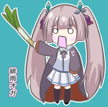 black_robe black_thighhighs blunt_bangs blunt_ends chibi chibi_only commentary fake_horns food full_body green_background hair_ribbon hand_up heaven_burns_red highres hime_cut holding holding_food holding_spring_onion holding_vegetable horns ievan_polkka_(vocaloid) leekspin_(meme) long_hair meme miniskirt neck_ribbon o_o ogasahara_hisame open_clothes open_mouth open_robe outline parody pleated_skirt purple_ribbon rectangular_mouth ribbon robe shake_(pixiv_75845198) shirt sidelocks simple_background skirt spring_onion thighhighs translation_request twintails vegetable very_long_hair white_outline white_shirt zettai_ryouiki