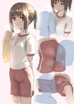  1boy 1girl ass beige_background bent_over between_breasts breasts brunette_hair_female cowboy_shot cunnilingus cunnilingus_through_clothes early_teens face_in_crotch gym_shirt gym_shorts gym_uniform head_between_legs head_between_thighs hetero highres loli multiple_views oral original red_shorts shaking shirt shorts small_breasts smell smelling smelling_ass smelling_clothes smelling_pussy sweat sweaty_clothes trembling trembling_legs unit_sixth white_shirt 