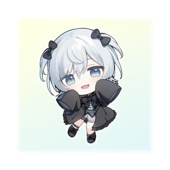 1girl :d amashiro_natsuki black_bow black_jacket black_shirt black_shoes blue_eyes bow chibi commentary_request full_body grey_hair grey_shorts hair_between_eyes hair_bow hands_up indie_virtual_youtuber jacket long_sleeves looking_at_viewer nekomugi_tororo open_clothes open_jacket open_mouth shirt shoes shorts sleeves_past_fingers sleeves_past_wrists smile solo two_side_up virtual_youtuber 