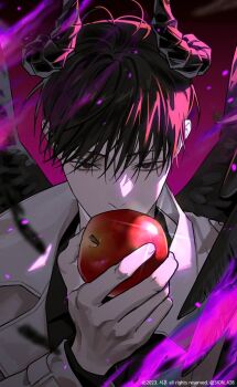  1boy apple black_eyes black_hair black_shirt black_wings coat covered_mouth curled_horns demon_horns falling_feathers feathered_wings feathers food fruit glint hand_up holding holding_food holding_fruit horns kim_dokja male_focus official_alternate_costume omniscient_reader's_viewpoint open_clothes open_coat red_pupils shirt short_hair sion_428 solo upper_body white_coat wings 