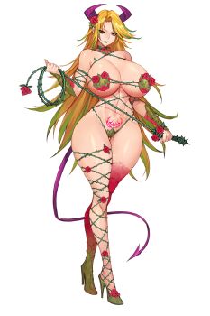  1girl asymmetrical_legwear bikini blonde_hair breasts curvy demon_girl demon_horns demon_tail flower full_body green_hair green_lips gurimjang highres horns huge_breasts leaf_bikini long_hair looking_at_viewer mature_female mismatched_legwear monster_girl multicolored_hair original parted_lips plant_girl pubic_tattoo red_eyes red_flower red_rose rose simple_background smile solo streaked_hair swimsuit tail tattoo thorns vine_whip whip white_background wide_hips  rating:Sensitive score:43 user:danbooru