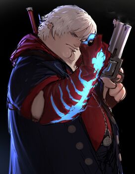  1boy absurdres belt belt_buckle blue_coat blue_eyes blue_rose_(gun) buckle cleft_chin coat cosplay devil_bringer devil_may_cry devil_may_cry_(series) devil_may_cry_4 family_guy fat fat_man gun handgun highres holding holding_gun holding_weapon kowai_(iamkowai) looking_at_viewer male_focus nero_(devil_may_cry) nero_(devil_may_cry)_(cosplay) peter_griffin red_queen_(sword) red_shirt revolver shirt short_hair short_sleeves solo sword sword_on_back weapon weapon_on_back white_hair 