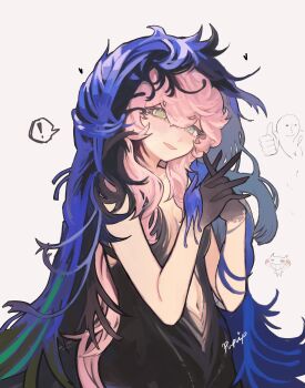  ! 1girl :d aqua_eyes bare_arms black_dress black_hands black_veil blue_veil colored_extremities commentary dress hands_up highres interlocked_fingers long_hair looking_at_viewer nautika_(reverse:1999) navel open_mouth own_hands_together pink_hair plunging_neckline puvip reverse:1999 smile solo speech_bubble spoken_exclamation_mark strapless strapless_dress two-tone_veil upper_body veil white_background 