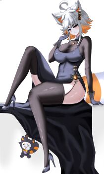  1girl absurdres ahoge animal_ears black_dress black_gloves black_sleeves black_thighhighs breasts closed_mouth commentary demenishki dress english_commentary facial_mark garter_straps gem gloves high_heels highres indie_virtual_youtuber jewelry large_breasts looking_at_viewer multicolored_hair necklace orange_gem orange_hair purple_eyes red_panda_ears red_panda_girl red_panda_tail short_hair sitting solo sylix44 thick_thighs thighhighs thighs virtual_youtuber whisker_markings white_background white_hair 