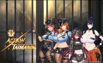  action_taimanin black_hair black_skirt blue_eyes blue_shirt breasts collar hat highres kamimura_azuma kamimura_maika lan_xiang_(action_taimanin) large_breasts long_hair midriff orange_hair pink_hair police police_hat police_uniform policewoman purple_eyes shirt short_hair skirt small_breasts su_jinlei taimanin_(series)  rating:Questionable score:6 user:Monbo