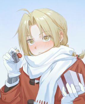  1boy :< arms_up blonde_hair blue_sky blush box braid character_charm charm_(object) closed_mouth coat commentary_request edward_elric fullmetal_alchemist gift gift_box gloves hanamizz0111 highres holding holding_charm holding_gift korean_commentary layered_sleeves long_hair long_sleeves looking_at_viewer male_focus portrait red_coat scarf single_braid sky solo white_gloves white_scarf winter_clothes yellow_eyes 