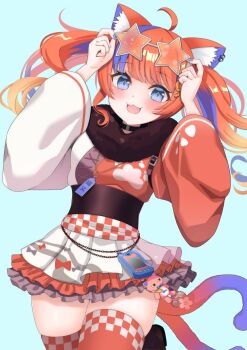  1girl :3 ahoge animal_ear_fluff animal_ear_piercing animal_ears apron aqua_background asymmetrical_sleeves black_choker blue_eyes blue_hair blue_nails blush braid brown_shoes cat_ears cat_girl cat_tail cellphone cellphone_charm chain charm_(object) checkered_clothes choker cowboy_shot eyewear_on_head frilled_skirt frills fur_collar gradient_hair gradient_tail hair_ornament hands_on_eyewear hashtag-only_commentary highres japanese_clothes kimono kimono_skirt layered_skirt long_hair long_sleeves looking_at_viewer mismatched_sleeves multicolored_hair multicolored_kimono multiple_tails nail_polish nekomata nekoyashiki_miku nijisanji obi open_mouth orange-tinted_eyewear orange_hair paw_print phone red_hair red_kimono red_thighhighs rope sash shimenawa shoes simple_background skirt smile solo standing standing_on_one_leg star-shaped_eyewear star_(symbol) streaked_hair stuffed_animal stuffed_cat stuffed_toy sunglasses tail thighhighs tinted_eyewear toriniku_(selene1050) twintails twintails_with_braided_base two_tails virtual_youtuber waist_apron white_apron white_kimono wide_sleeves 