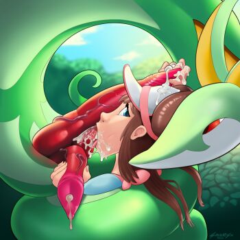  1boy 1girl blue_eyes brown_hair cum cum_in_mouth cum_on_body cum_on_upper_body extra_penises fellatio gen_5_pokemon handjob hat hetero looking_at_viewer looking_back multiple_penises nintendo oral penis pokemon pokemon_(creature) pokemon_bw2 pokephilia precum rosa_(pokemon) serperior snake sudkampsin uncensored veins veiny_penis visor_cap  rating:Explicit score:115 user:dmysta3000