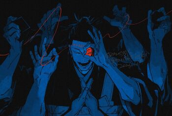  1boy ball blue_theme extra_hands getou_suguru getou_suguru_(kenjaku) hair_bun hair_slicked_back hand_up holding holding_ball holding_cube japanese_clothes jujutsu_kaisen kimono kogashi_negi long_hair looking_at_viewer male_focus ok_sign open_mouth smile solo spot_color stitches string string_of_fate teeth upper_body wide_sleeves 