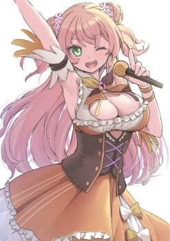  1girl ;d arm_garter armpits bell blonde_hair bow bowtie breasts brown_bow brown_bowtie cleavage cleavage_cutout clothing_cutout commentary_request corset cowboy_shot cutout_above_navel detached_sleeves double-parted_bangs double_bun fangs flower flower_hairtie frilled_shirt frilled_skirt frills green_eyes hair_bun hair_flower hair_ornament highres holding holding_microphone hololive idol index_finger_raised jingle_bell kintarou_(kintarou's_room) large_breasts long_hair looking_at_viewer microphone momosuzu_nene momosuzu_nene_(1st_costume) multicolored_bow multicolored_bowtie neck_bell one_eye_closed open_mouth orange_bow orange_bowtie orange_shirt orange_skirt overexposure peach_ornament shirt side_up_bun simple_background skirt sleeveless sleeveless_shirt smile solo two_side_up underbust virtual_youtuber white_background yellow_bow yellow_bowtie 