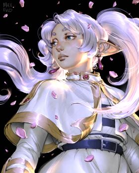  1girl belt black_background black_belt blue_eyes capelet commentary earrings elf english_commentary expressionless falling_petals frieren half-closed_eyes highres jacket jewelry long_hair long_pointy_ears long_sleeves meme parted_bangs petals pink_petals pointy_ears portrait skirt solo sousou_no_frieren studystudiomax teardrop_earrings twintails upper_body upward_angle_frieren_drawing_(meme) white_capelet white_hair white_jacket white_skirt 