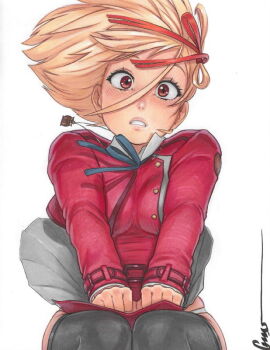  1girl artist_name black_thighhighs blonde_hair blue_ribbon blush breasts clothes_lift collared_shirt dress floating_hair grey_dress grey_skirt hair_ribbon hands_on_own_legs long_sleeves looking_at_viewer lycoris_recoil lycoris_uniform medium_breasts nishikigi_chisato omar_dogan panties pleated_skirt red_eyes red_ribbon red_skirt ribbon school_uniform shirt short_hair signature sitting skirt skirt_lift solo thighhighs traditional_media two-tone_dress underwear white_panties white_shirt wind wind_lift 