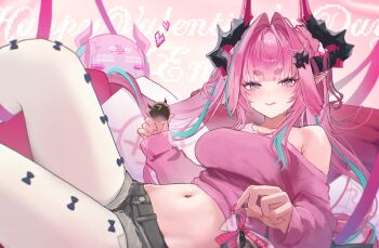  1girl alternate_costume arknights arknights:_endfield bare_shoulders black_bow blue_eyes blue_hair blue_streaks bow bow_legwear breasts candy chocolate collarbone commentary crop_top denim denim_shorts dragon_girl dragon_horns english_commentary feet_out_of_frame food grey_shorts hair_intakes heart highres holding holding_candy holding_chocolate holding_food horns large_breasts long_hair long_sleeves looking_at_viewer lying matsuoka_(mtok_0) micro_shorts multicolored_hair navel off-shoulder_sweater off_shoulder on_back pantyhose pink_hair pink_nails pink_sweater pixel_heart pointy_ears shorts solo stomach streaked_hair sweater tongue tongue_out twintails valentine white_pantyhose yvonne_(arknights) 