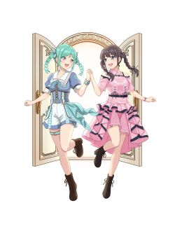  2girls animification aspire_(love_live!) braid breasts brown_hair colored_eyelashes commentary_request donguri_chitta full_body green_hair hand_up highres holding_hands long_hair looking_at_viewer love_live! love_live!_superstar!! multiple_girls onitsuka_tomari open_door open_mouth open_the_gate!!!_(love_live!) pink_eyes real_life sakakura_sakura shoelaces short_sleeves sidelocks simple_background smile thigh_strap twin_braids upper_body voice_actor white_background wristband 