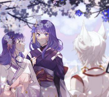  3girls alternate_costume animal_ears back_bow blunt_bangs blurry blurry_background bow branch bridal_gauntlets carrying chinese_commentary collarbone commentary_request dappled_sunlight day depth_of_field flower fox fox_ears fox_girl from_behind from_side genshin_impact hair_ornament highres japanese_clothes kimono kitsune_saiguu light_blush long_braid long_hair long_sleeves looking_at_another looking_to_the_side makoto_(genshin_impact) mole mole_under_eye multiple_girls outdoors pink_kimono purple_kimono raiden_shogun red_sash sash shade short_hair shy siblings sisters standing sunlight surprised tree tree_shade twins upper_body white_hair wide-eyed wide_sleeves wisteria xd.highsmith yae_miko yae_miko_(fox) 