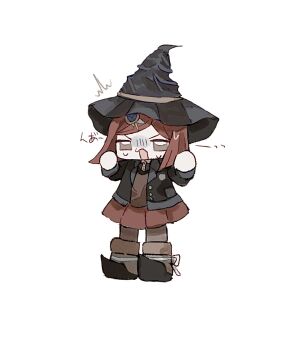 1girl ^^^ black_hat black_jacket blazer boots brown_boots brown_shirt chibi chibi_only danganronpa_(series) danganronpa_v3:_killing_harmony full_body grey_eyes hair_ornament hands_up hat highres jacket jitome long_sleeves misopann_2 no_pupils open_mouth pantyhose red_hair red_skirt shirt short_hair simple_background skirt solo standing sweatdrop swept_bangs translation_request v-shaped_eyebrows white_background witch_hat yumeno_himiko 