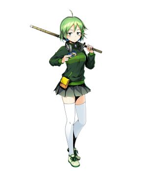  1girl ahoge anne_(duel_masters) artist_request card closed_mouth duel_masters duel_masters_deck_development duel_masters_play's fanny_pack green_eyes green_hair green_jacket green_shoes green_skirt hair_ornament headphones headphones_around_neck holding holding_card holding_sword holding_weapon jacket looking_at_viewer official_art over_shoulder shinai shoes short_hair skirt solo sword sword_over_shoulder thighhighs track_jacket trading_card weapon weapon_over_shoulder white_thighhighs 