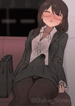 1futa animated animated_gif black_panties black_pantyhose blush breasts briefcase brown_hair bulge cleavage closed_eyes erection erection_under_clothes formal_clothes futanari glasses jacket long_hair office_lady original panties panties_under_pantyhose pantyhose precum precum_through_clothes shirt shiwa_kou sitting sleeping solo suit suit_jacket sweat tagme train_interior unbuttoned_jacket underwear wet_dream white_shirt rating:Explicit score:385 user:Starbase_74_User