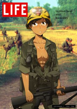  1girl abs breasts cleavage collarbone cover fake_cover grenade_cartridge hat holding holding_weapon hot life_magazine military_hat military_uniform mrxinom muscular muscular_female navel no_bra open_clothes original photo_(medium) pouch short_hair sleeves_rolled_up soldier sweat sweaty_clothes very_short_hair weapon wet wet_clothes  rating:Questionable score:0 user:PotatoASD