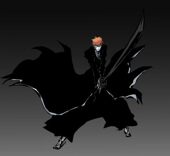  1boy bankai black_background bleach closed_mouth commentary_request full_body gradient_background grey_background highres holding holding_sword holding_weapon katana ken_hollow kurosaki_ichigo male_focus orange_hair shihakusho short_hair simple_background solo sword tensa_zangetsu_(bankai) weapon zanpakutou 