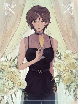  1girl alcohol belt black_belt black_choker black_dress bouquet brown_hair champagne champagne_flute choker cup dark-skinned_female dark_skin dress drink drinking_glass earrings flower hashtag-only_commentary highres holding holding_cup jewelry limbus_company looking_at_viewer open_mouth outis_(project_moon) project_moon solo vinegarhotpot white_flower yellow_eyes 