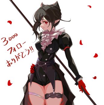  1girl absurdres arknights ascot black_hair chinese_commentary closed_mouth commentary_request cowboy_shot entelechia_(arknights) falling_petals gloves grey_ascot hair_horns hand_on_own_hip highres holding juliet_sleeves long_sleeves looking_at_viewer medium_hair milestone_celebration mole mole_under_eye petals pointy_ears profile puffy_sleeves red_eyes red_gloves rose_petals simple_background smile solo standing thank_you thigh_strap translated turning_head white_background zhenjie20 