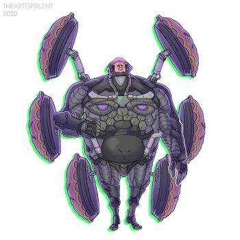  1boy 2023 armored_boots artist_name boots closed_mouth commentary cosplay cyborg drop_shadow english_commentary food full_body gauntlets highres jack_horner male_focus metal_gear_(series) metal_gear_rising:_revengeance pie purple_hair puss_in_boots:_the_last_wish short_hair shrek_(series) smile solo sundowner_(metal_gear_rising) sundowner_(metal_gear_rising)_(cosplay) theartofsilent 