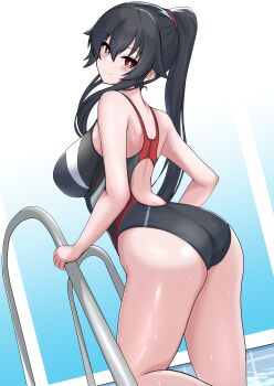  1girl absurdres ass black_hair blush breasts commentary_request competition_swimsuit day highres indoors kantai_collection large_breasts long_hair looking_at_viewer looking_back one-piece_swimsuit ponytail pool pool_ladder poolside red_eyes rei_no_pool smile solo swimsuit tokiwa_senkei water wet yahagi_(kancolle) 