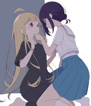  2girls black_shirt blonde_hair blue_skirt bracelet cho_kaguya-hime! commentary_request eye_contact grey_background hair_bun hand_on_another's_cheek hand_on_another's_chin hand_on_another's_face highres jewelry kaguya_(cho_kaguya-hime!) long_hair looking_at_another multiple_girls pleated_skirt purple_hair red_eyes sailor_collar sakayori_iroha sasanoha_(sasanoha0712) school_uniform serafuku shirt skirt socks two-tone_background white_background white_sailor_collar white_shirt white_socks yuri 