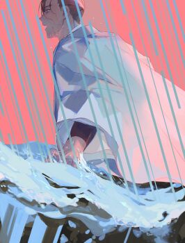  1boy blue_haori blue_jacket brown_hair commentary_request cowboy_shot fate/grand_order fate_(series) from_side hair_between_eyes hair_pulled_back haori jacket japanese_clothes kibadori_rue looking_ahead loose_hair_strand male_focus official_artist_extra open_mouth orange_background partially_underwater_shot profile purple_eyes rain shinsengumi short_hair solo wading water wet yamanami_keisuke_(fate) 