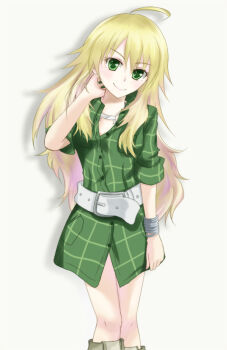  1girl ahoge arm_at_side arm_behind_head artist_request bangle belt belted_dress blonde_hair boots bracelet breasts buttons curled_fingers dress dress_shirt eyelashes female_focus fingernails green_dress green_eyes hair_between_eyes hand_up head_tilt highres hoshii_miki idolmaster idolmaster_(classic) jewelry knee_boots knees legs_together light_blush long_hair looking_at_viewer medium_breasts namco neck necklace shirt short_sleeves sidelocks square_print standing wavy_hair 