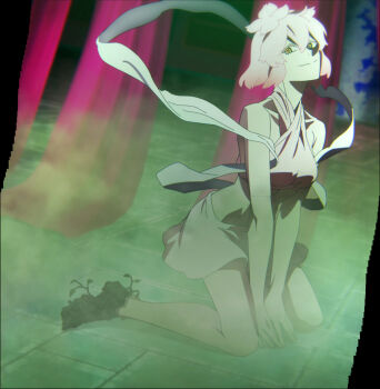  1girl absurdres anime_screenshot arm_support arms_between_legs breasts closed_mouth crop_top female_focus full_body highres jigokuraku kneeling loincloth looking_at_viewer medium_breasts pink_hair ribbon short_hair smile solo stitched tao_fa third-party_edit white_ribbon yellow_eyes  rating:Sensitive score:8 user:MonsieurCinq