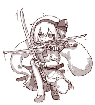  1girl bandaged_hand bandages belt bow_hairband commentary frilled_skirt frills full_body greyscale hair_between_eyes hairband highres hitodama holding holding_sword holding_weapon katana kneehighs konpaku_youmu konpaku_youmu_(ghost) korean_commentary mary_janes medium_hair monochrome neckerchief panties pantyshot rampa93 sheath shoes sidelocks simple_background sketch skirt socks solo squatting sword sword_in_mouth touhou triple_wielding underwear wakizashi weapon weapon_request white_background 