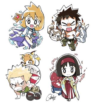  2boys 2girls :d ball belt black_eyes black_hair blonde_hair bright_pupils brock_(pokemon) brown_hair chibi clenched_teeth closed_eyes closed_mouth electrode_(pokemon) erika_(pokemon) exercising gen_1_pokemon geodude green_kimono green_pants hairband hakama hakama_pants hakama_skirt holding holding_poke_ball jacket japanese_clothes kimono long_sleeves misty_(pokemon) multiple_boys multiple_girls nintendo one-piece_swimsuit onix open_clothes open_mouth orange_hair pants petals poke_ball poke_ball_(basic) pokemon pokemon_(creature) pokemon_frlg pokemon_hgss pokemon_rgby raichu red_hairband red_hakama sandals shirt short_hair simple_background skirt smile spiked_hair standing starmie staryu surge_(pokemon) sweat swimsuit swimsuit_under_clothes teeth topless_male vileplume water white_background white_one-piece_swimsuit white_pupils wide_sleeves yellow_kimono yu_quan0709 