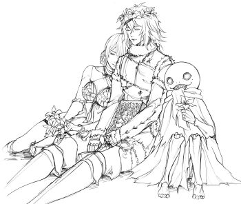  1girl 2boys bandaged_neck bandages book boots braid braided_hair_rings breasts cleavage closed_eyes closed_mouth commentary cursoulla detached_sleeves emil_(nier) english_commentary flower fur-trimmed_jacket fur_trim grimoire_weiss hair_between_eyes hair_rings head_wreath highres holding holding_book holding_flower jacket kaine_(nier) leaning_on_person lineart lingerie medium_breasts multiple_boys negligee nier_(brother) nier_(brother)_(post_timeskip) nier_(series) photoshop_(medium) scarf single_bare_shoulder sitting teeth thigh_boots thigh_strap underwear white_background 