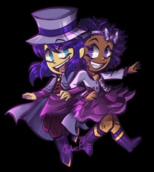  2girls :d a_hat_in_time alternate_color alternate_hair_color back-to-back blue_eyes boots bow bow_hairband bow_kid buttons cape child commentary curly_hair dark-skinned_female dark_skin english_commentary fang full_body gothiccprince grin hairband hat hat_kid hat_ribbon jacket knee_boots locked_arms long_sleeves looking_at_another looking_to_the_side medium_hair multiple_girls open_mouth pants ponytail purple_boots purple_bow purple_cape purple_eyes purple_hair purple_hairband purple_hat purple_jacket purple_pants purple_ribbon purple_skirt ribbon sidelocks signature simple_background skirt smile teeth top_hat upper_teeth_only zipper_pull_tab 