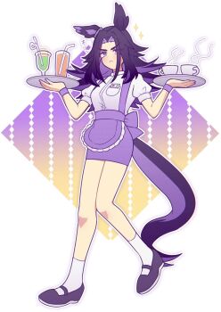  1girl alternate_costume animal_ears apron black_hair blush breast_pocket breasts closed_mouth cup drinking_glass drinking_straw fenomeno_(umamusume) flipped_hair frown highres holding holding_tray horse_ears horse_girl horse_tail long_hair multicolored_hair pocket puffy_short_sleeves puffy_sleeves purple_apron purple_eyes purple_hair purple_skirt shirt shoes short_sleeves skirt socks star_(symbol) steaming_cup tail tray umamusume w3n6e waist_apron waitress white_shirt white_socks wristband 