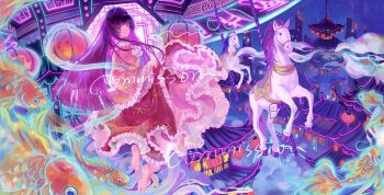  1girl 80isiiii absurdres amusement_park architecture barefoot brown_eyes building carousel chinese_commentary commentary_request commission east_asian_architecture fish fish_request frilled_skirt frilled_sleeves frills highres houraisan_kaguya long_hair long_sleeves looking_at_viewer pink_shirt red_skirt shirt skirt skirt_hold snake solo toes touhou very_long_hair white_snake wide_sleeves 