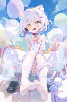  1girl absurdres ahoge animal_ear_fluff animal_ears balloon bell between_legs blue_sky blush bow cat_ears cat_girl cat_tail chinese_commentary cloud collar commentary_request commission dress feet foot_focus full_body hair_between_eyes hair_ornament hairclip hand_between_legs highres indie_virtual_youtuber ji_guang_xian_yu looking_at_viewer neck_bell no_shoes open_mouth original outdoors pantyhose pink_bow ribbon sample_watermark shoes short_hair sitting sky sleeveless soles solo stuffed_toy tail thighhighs toes unworn_shoes watermark white_dress white_hair white_pantyhose yellow_eyes 