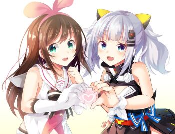  green_eyes hair_ribbon heart heart_hands highres kaguya_luna kizuna_ai kizuna_ai_(1st_costume) kizuna_ai_inc. long_hair non-web_source ribbon shorts sirokuma_shake 