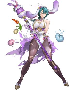  1girl animal_ears bare_shoulders battle_damage black_pantyhose braid braided_ponytail breasts carrot choker cleavage clenched_teeth covered_navel damaged easter_egg egg fake_animal_ears fake_tail fire_emblem fire_emblem_heroes flower gloves green_hair hairband highres hitowa holding holding_staff large_breasts leotard long_hair medium_breasts nintendo non-web_source official_alternate_costume official_art open_mouth pantyhose playboy_bunny ponytail rabbit_ears rabbit_tail single_braid solo staff tail teeth thorr_(fire_emblem) thorr_(spring_war_god)_(fire_emblem) torn_clothes torn_pantyhose v-shaped_eyebrows white_choker white_gloves white_hairband white_leotard yellow_eyes 